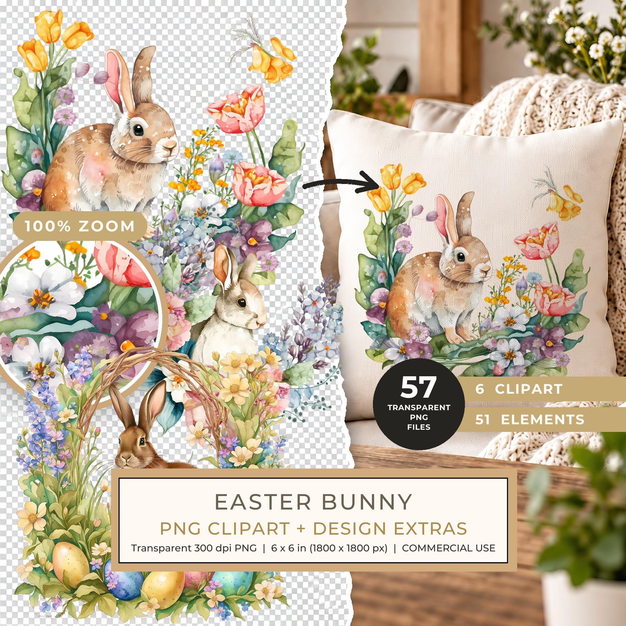 Easter Bunny Wonderland Clipart: Watercolor Spring Rabbits PNG - Commercial Use