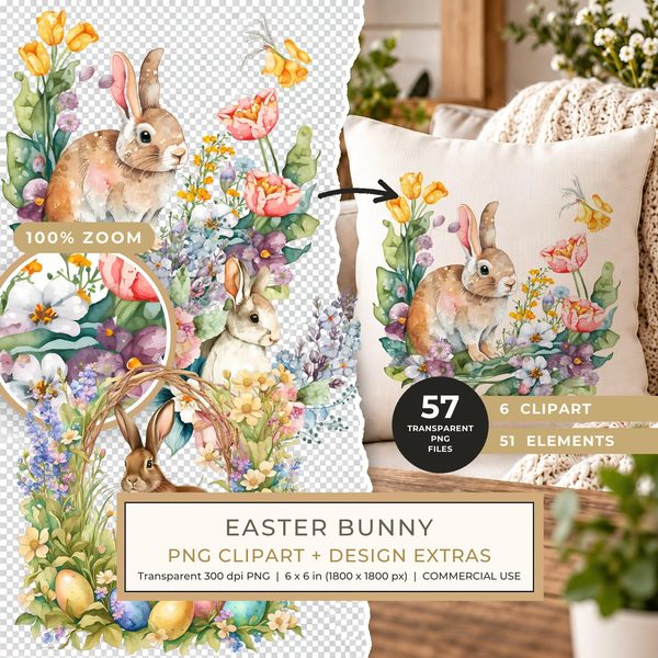 Easter Bunny Wonderland Clipart: Watercolor Spring Rabbits PNG - Commercial Use