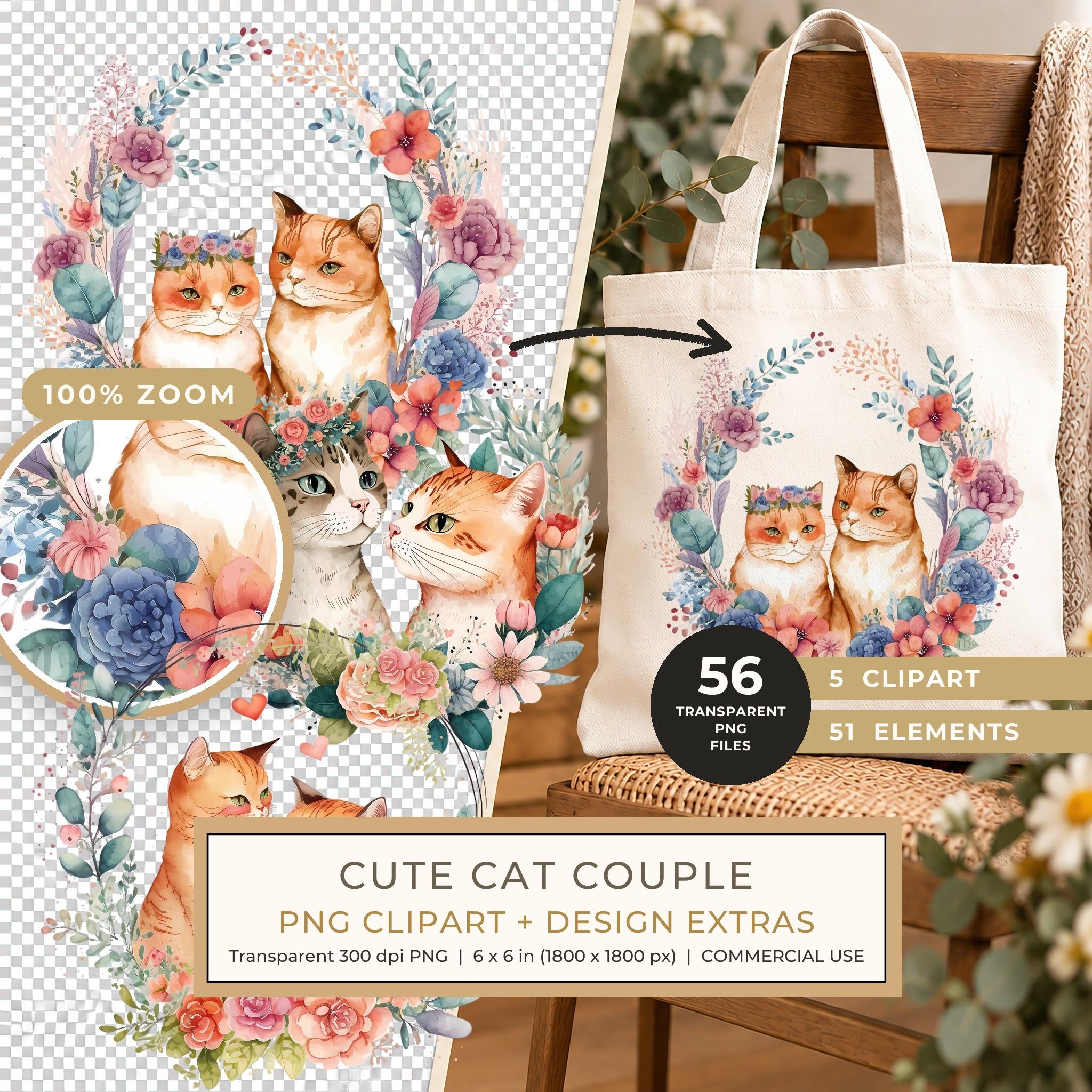 Cute Cat Couple Clipart: Whimsical Watercolor Cats in Love PNG - Commercial Use