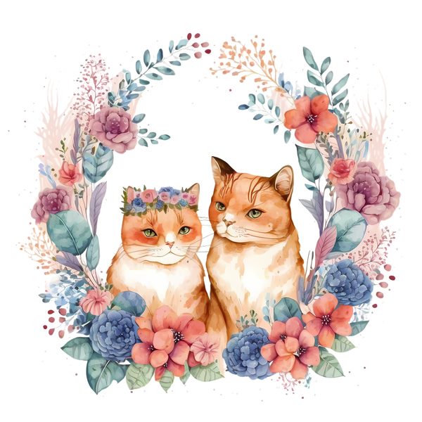 Cute Cat Couple Clipart: Whimsical Watercolor Cats in Love PNG - Commercial Use — image 1
