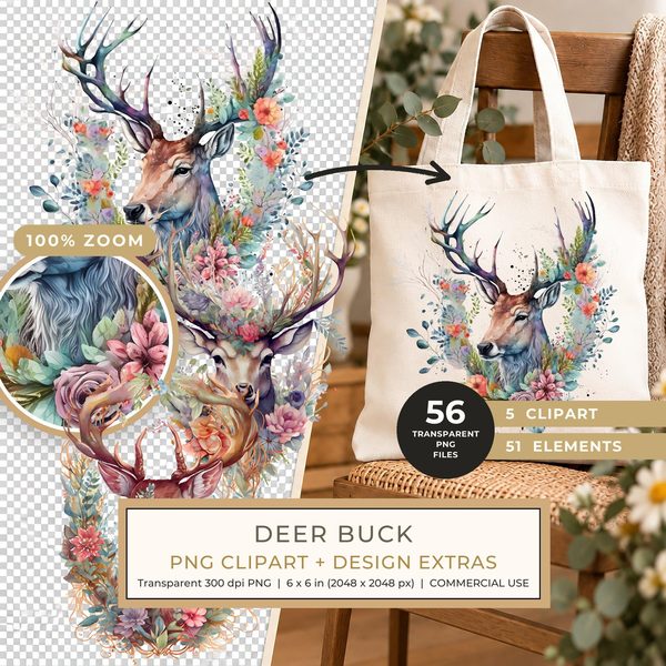 Deer Buck with Antlers and Flowers Clipart PNG - Commercial Use