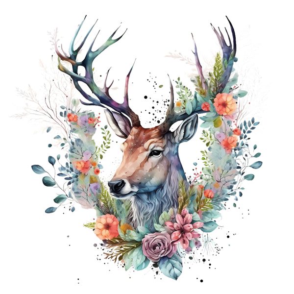 Deer Buck with Antlers and Flowers Clipart PNG - Commercial Use — image 1