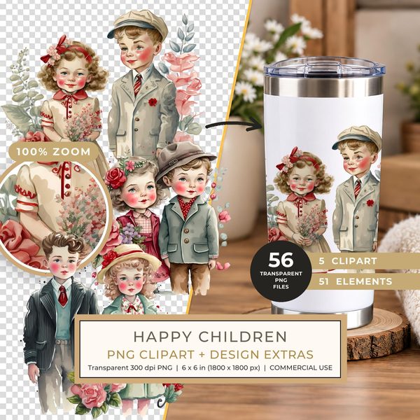 Happy Children Clipart: Golden Era Vintage 1950s Couples PNG - Commercial Use