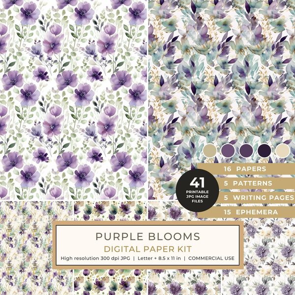 Purple Blooms Watercolor Digital Paper Kit: Printable Papers, Cards, Tags, Ephemera