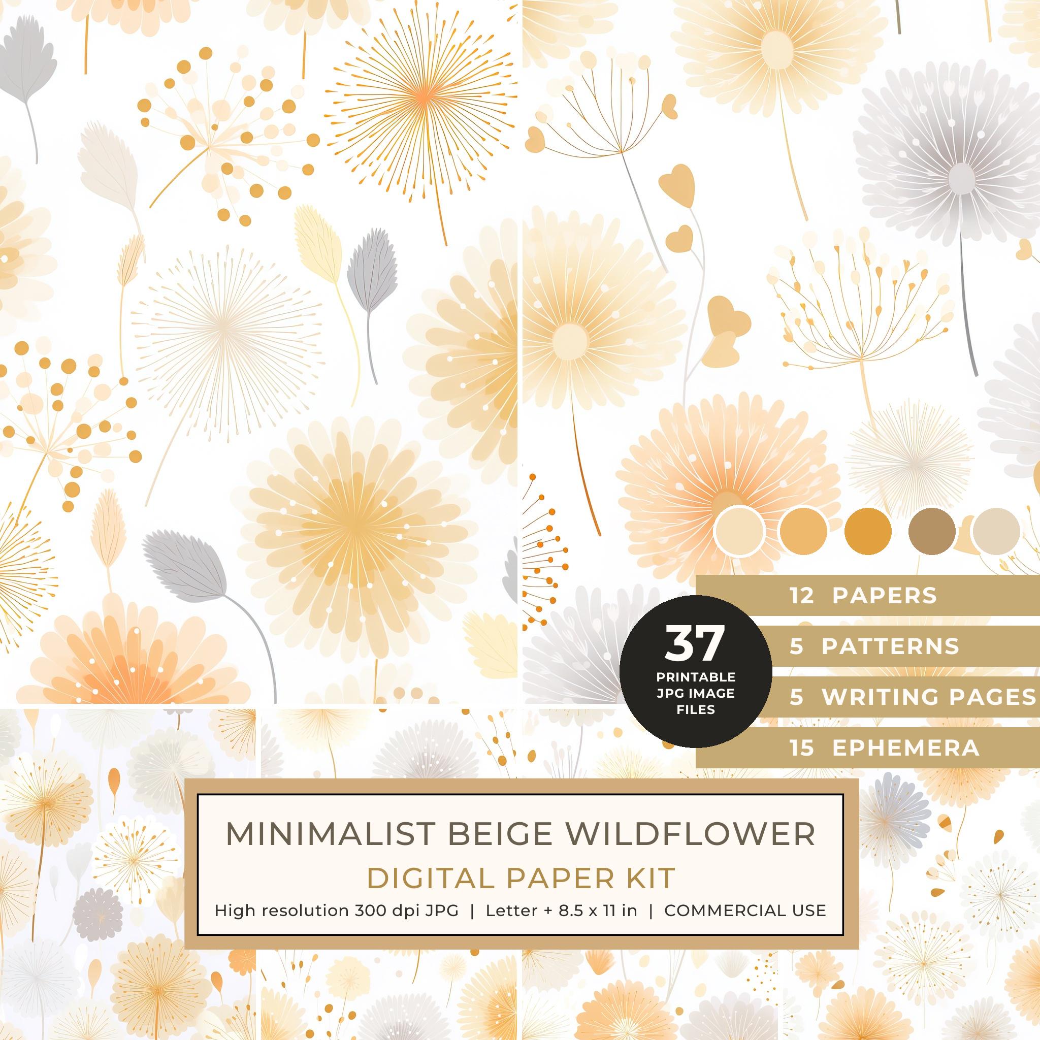Minimalist Beige Wildflower Watercolor Digital Paper Kit: Printable Papers, Cards, Tags, Ephemera