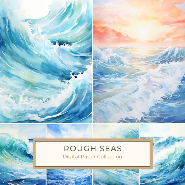 Ocean Waves Watercolor Background: Sea Blue Digital Paper (JPG)