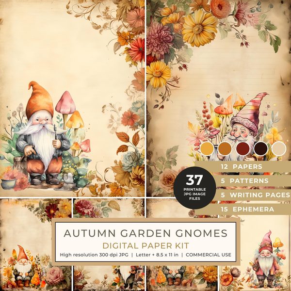 Autumn Garden Gnomes Watercolor Digital Paper Kit: Printable Papers, Cards, Tags, Ephemera