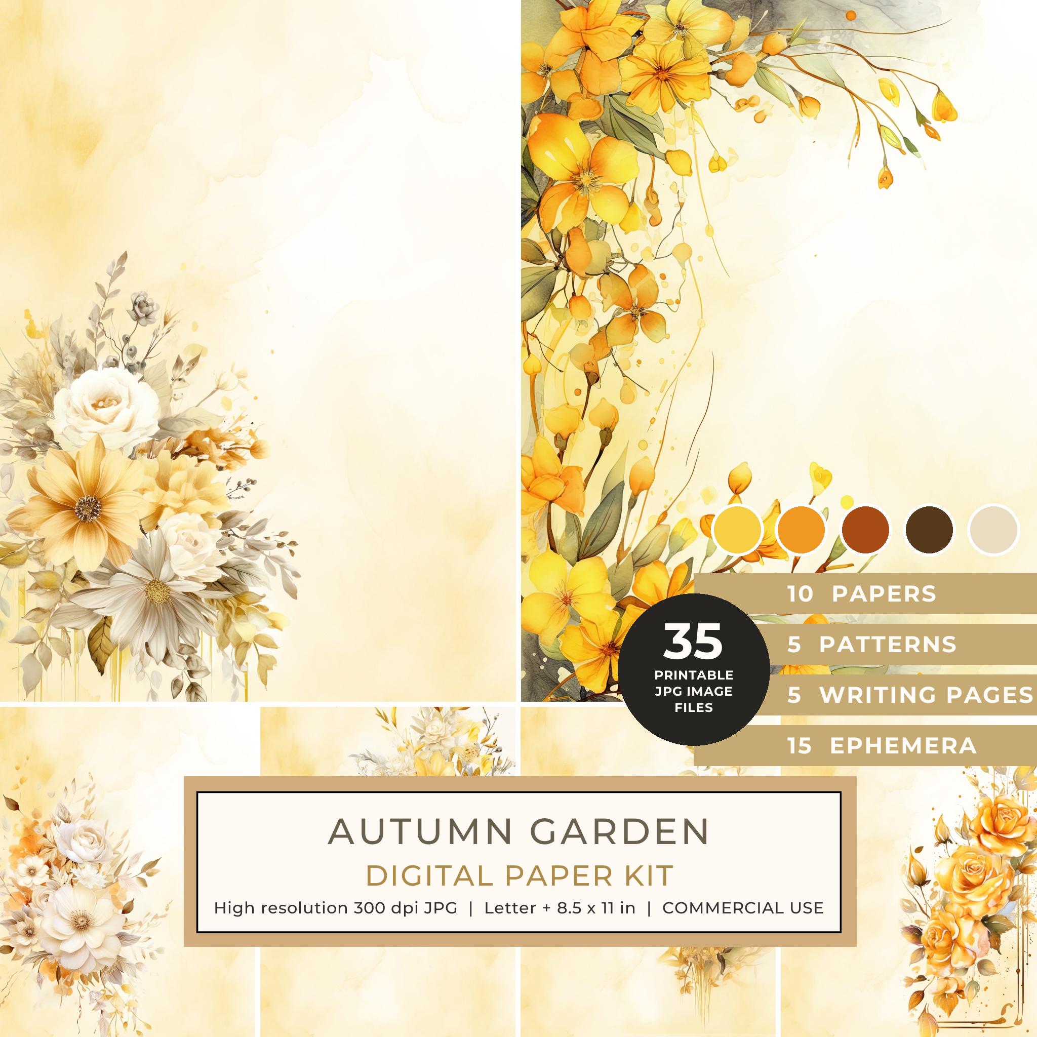 Autumn Garden Watercolor Digital Paper Kit: Printable Papers, Cards, Tags, Ephemera