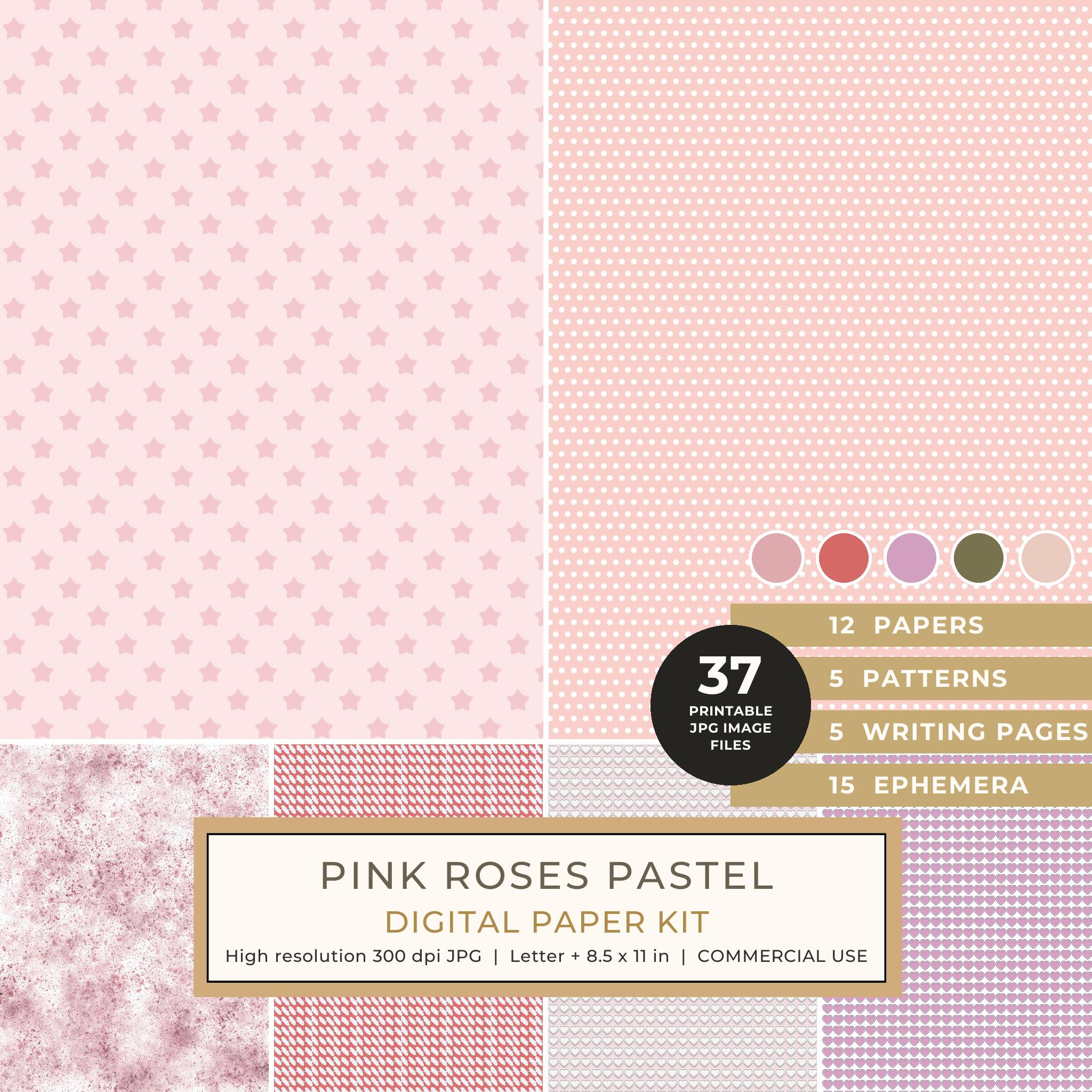 Pink Roses Pastel Watercolor Digital Paper Kit: Printable Papers, Cards, Tags, Ephemera