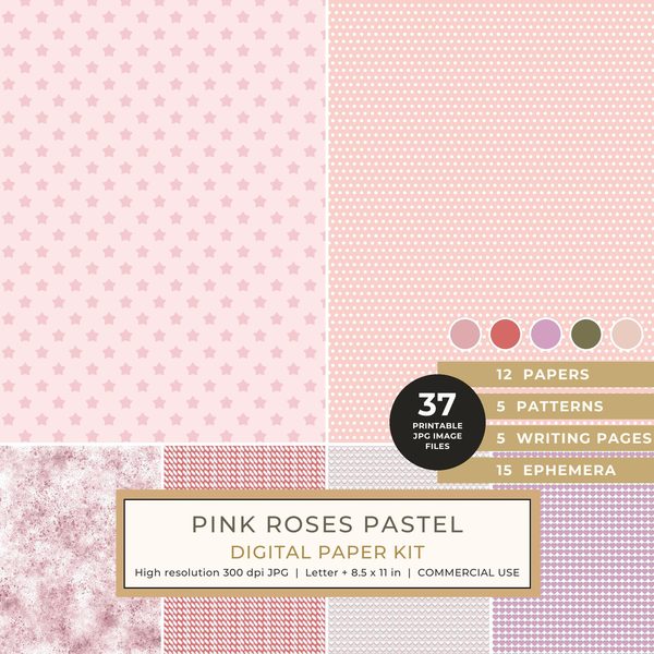 Pink Roses Pastel Watercolor Digital Paper Kit: Printable Papers, Cards, Tags, Ephemera