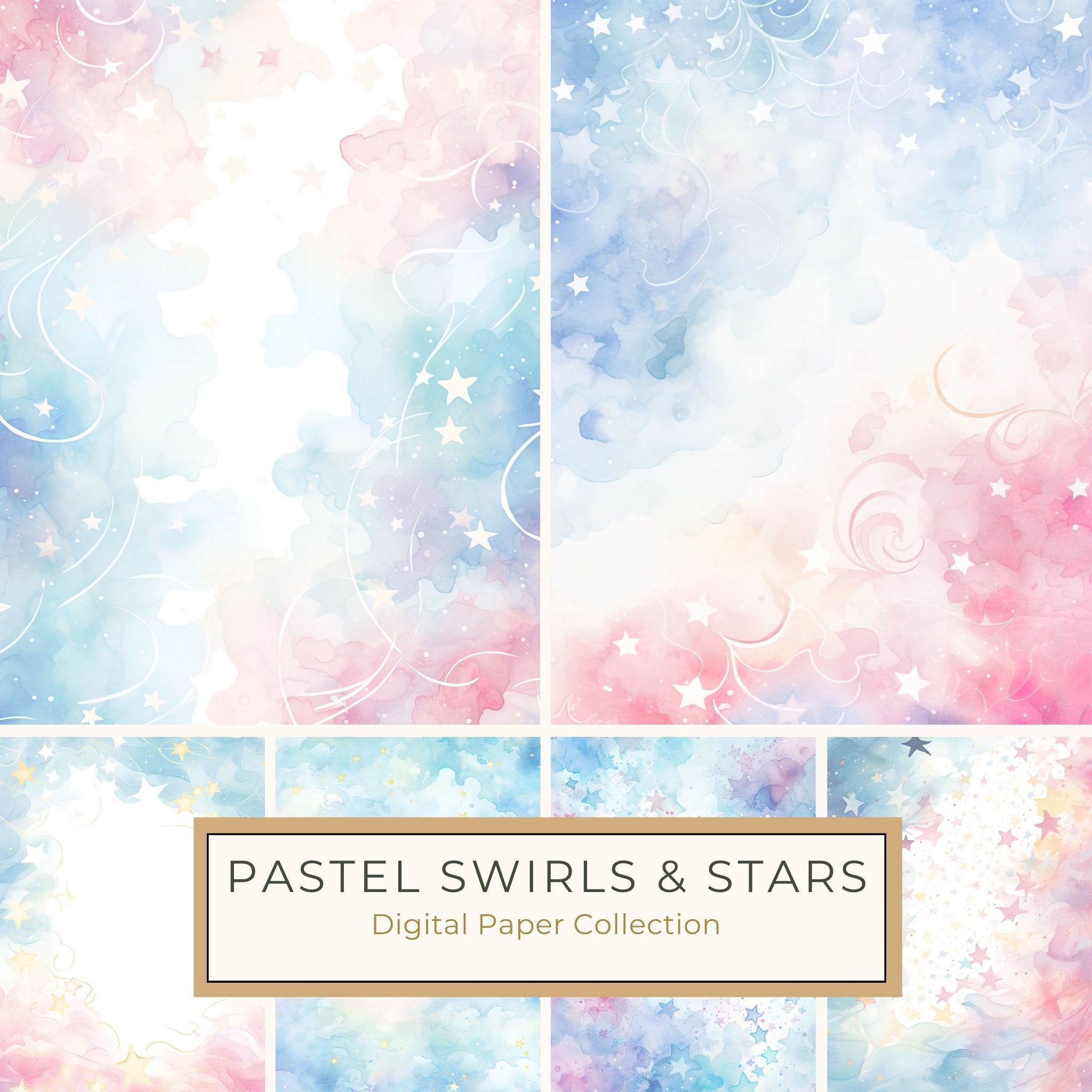Watercolor Pastel Swirl Stars Background: Scrapbook Background Pages, (10 JPGs, Digital Download, Commercial Use)