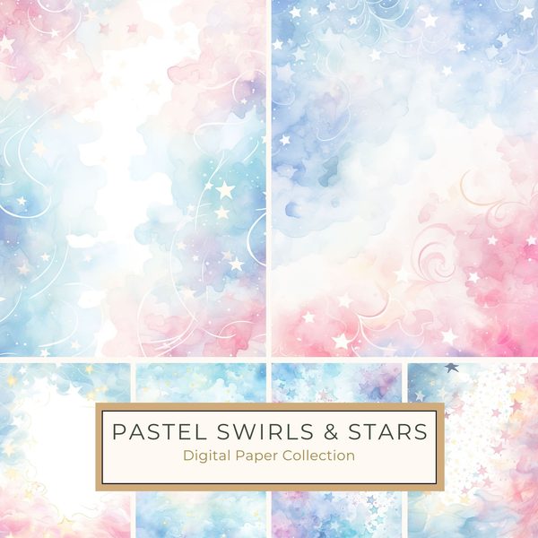 Watercolor Pastel Swirl Stars Background: Scrapbook Background Pages, (10 JPGs, Digital Download, Commercial Use)