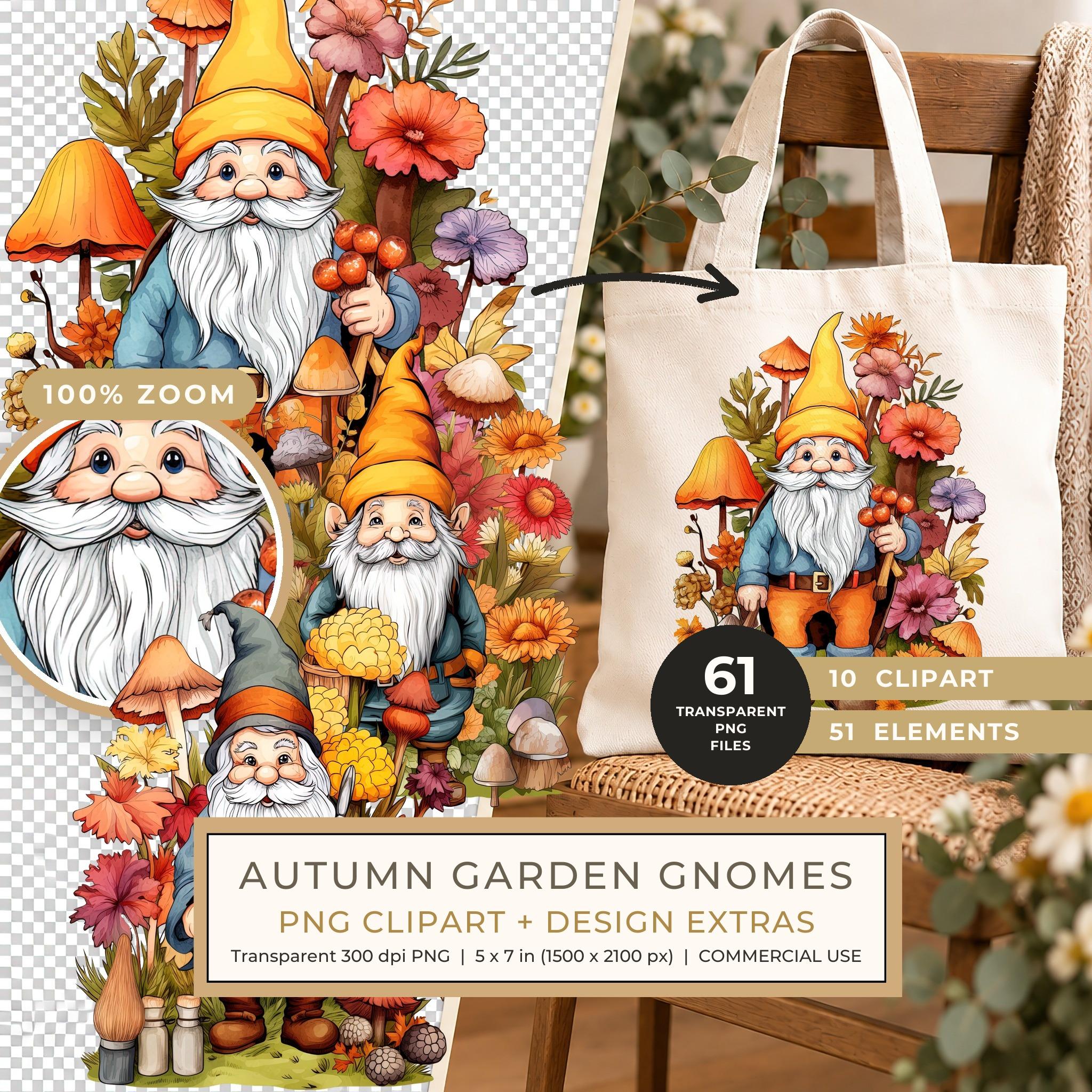Whimsical Autumn Garden Gnomes Clipart PNG - Commercial Use