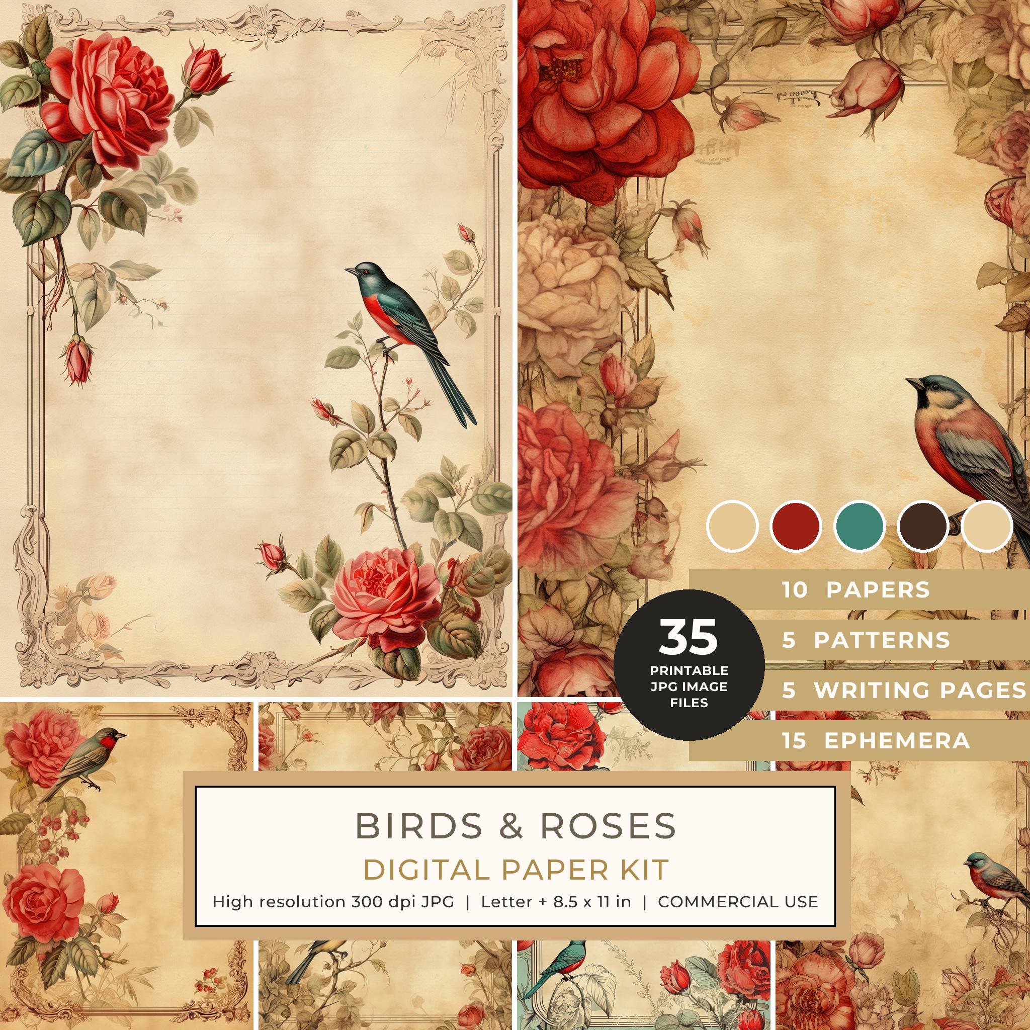 Birds and Roses Watercolor Digital Paper Kit: Printable Papers, Cards, Tags, Ephemera