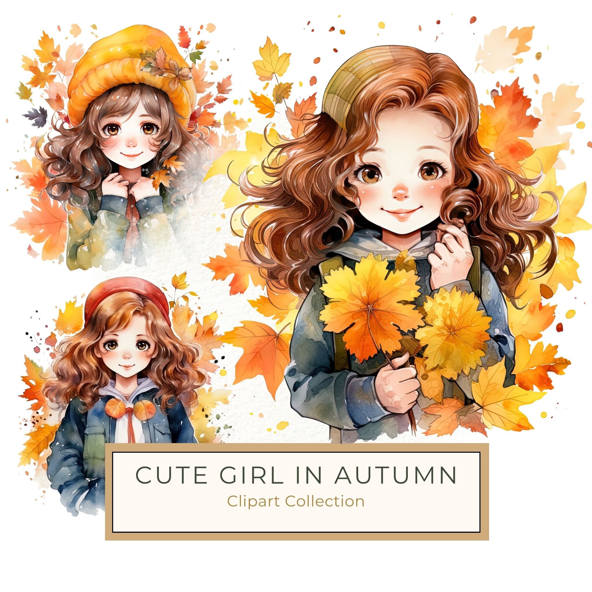 Autumn Girl Clipart: Kawaii Schoolgirl with Fall Leaves (PNG JPG)