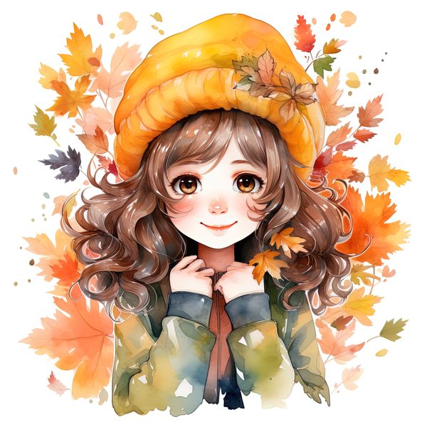 Autumn Girl Clipart: Kawaii Schoolgirl with Fall Leaves (PNG JPG) — image 1