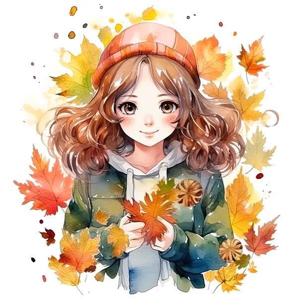 Autumn Girl Clipart: Kawaii Schoolgirl with Fall Leaves (PNG JPG) — image 2