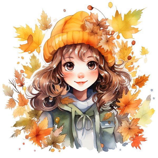 Autumn Girl Clipart: Kawaii Schoolgirl with Fall Leaves (PNG JPG) — image 3