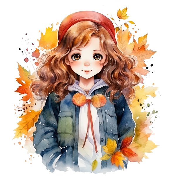 Autumn Girl Clipart: Kawaii Schoolgirl with Fall Leaves (PNG JPG) — image 4