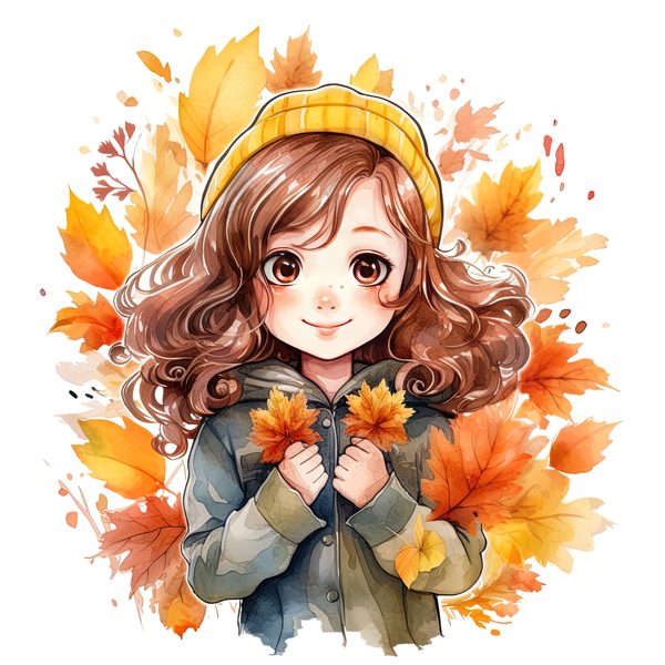 Autumn Girl Clipart: Kawaii Schoolgirl with Fall Leaves (PNG JPG) — image 5
