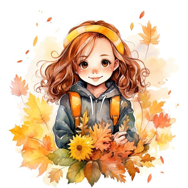 Autumn Girl Clipart: Kawaii Schoolgirl with Fall Leaves (PNG JPG) — image 6