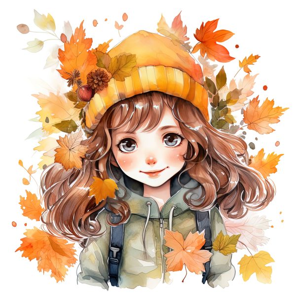 Autumn Girl Clipart: Kawaii Schoolgirl with Fall Leaves (PNG JPG) — image 7