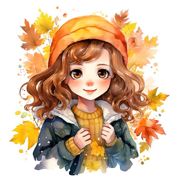 Autumn Girl Clipart: Kawaii Schoolgirl with Fall Leaves (PNG JPG) — image 8