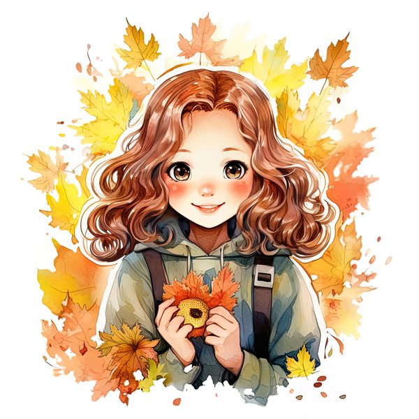 Autumn Girl Clipart: Kawaii Schoolgirl with Fall Leaves (PNG JPG) — image 9