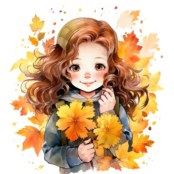 Autumn Girl Clipart: Kawaii Schoolgirl with Fall Leaves (PNG JPG) — image 10