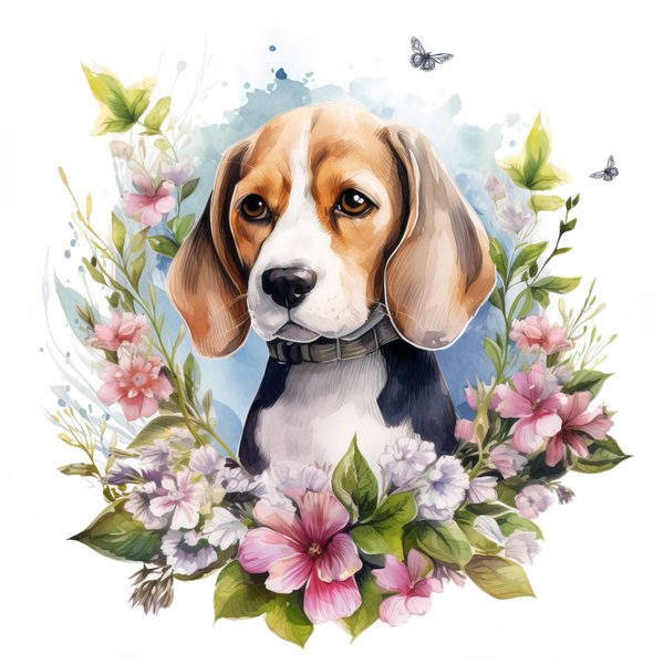 Watercolor Beagle Puppy Clipart: Floral Wreath Dog PNG (Digital Download) — image 1
