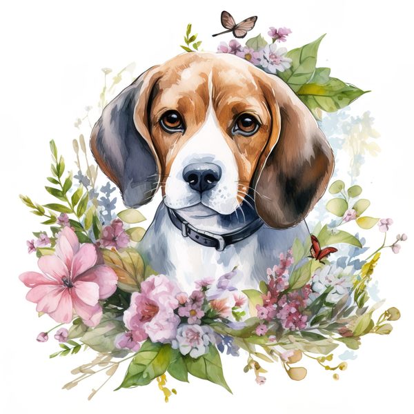 Watercolor Beagle Puppy Clipart: Floral Wreath Dog PNG (Digital Download) — image 2