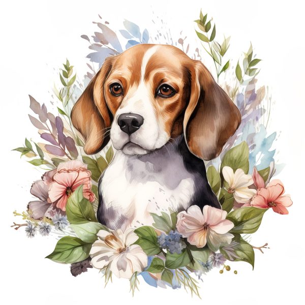Watercolor Beagle Puppy Clipart: Floral Wreath Dog PNG (Digital Download) — image 3