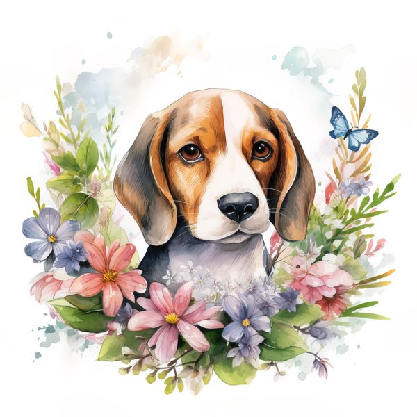 Watercolor Beagle Puppy Clipart: Floral Wreath Dog PNG (Digital Download) — image 4