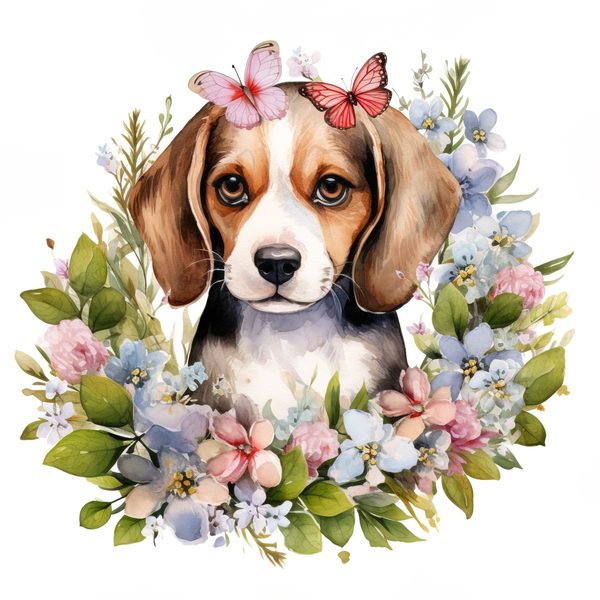 Watercolor Beagle Puppy Clipart: Floral Wreath Dog PNG (Digital Download) — image 5