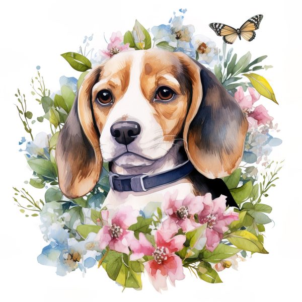 Watercolor Beagle Puppy Clipart: Floral Wreath Dog PNG (Digital Download) — image 6