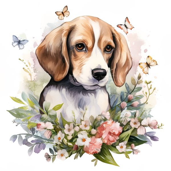 Watercolor Beagle Puppy Clipart: Floral Wreath Dog PNG (Digital Download) — image 7