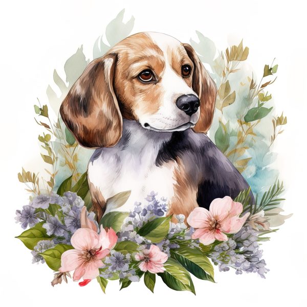 Watercolor Beagle Puppy Clipart: Floral Wreath Dog PNG (Digital Download) — image 9