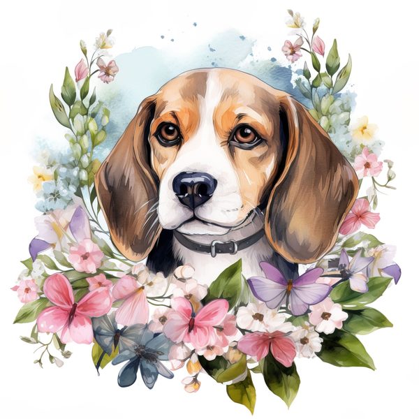 Watercolor Beagle Puppy Clipart: Floral Wreath Dog PNG (Digital Download) — image 11