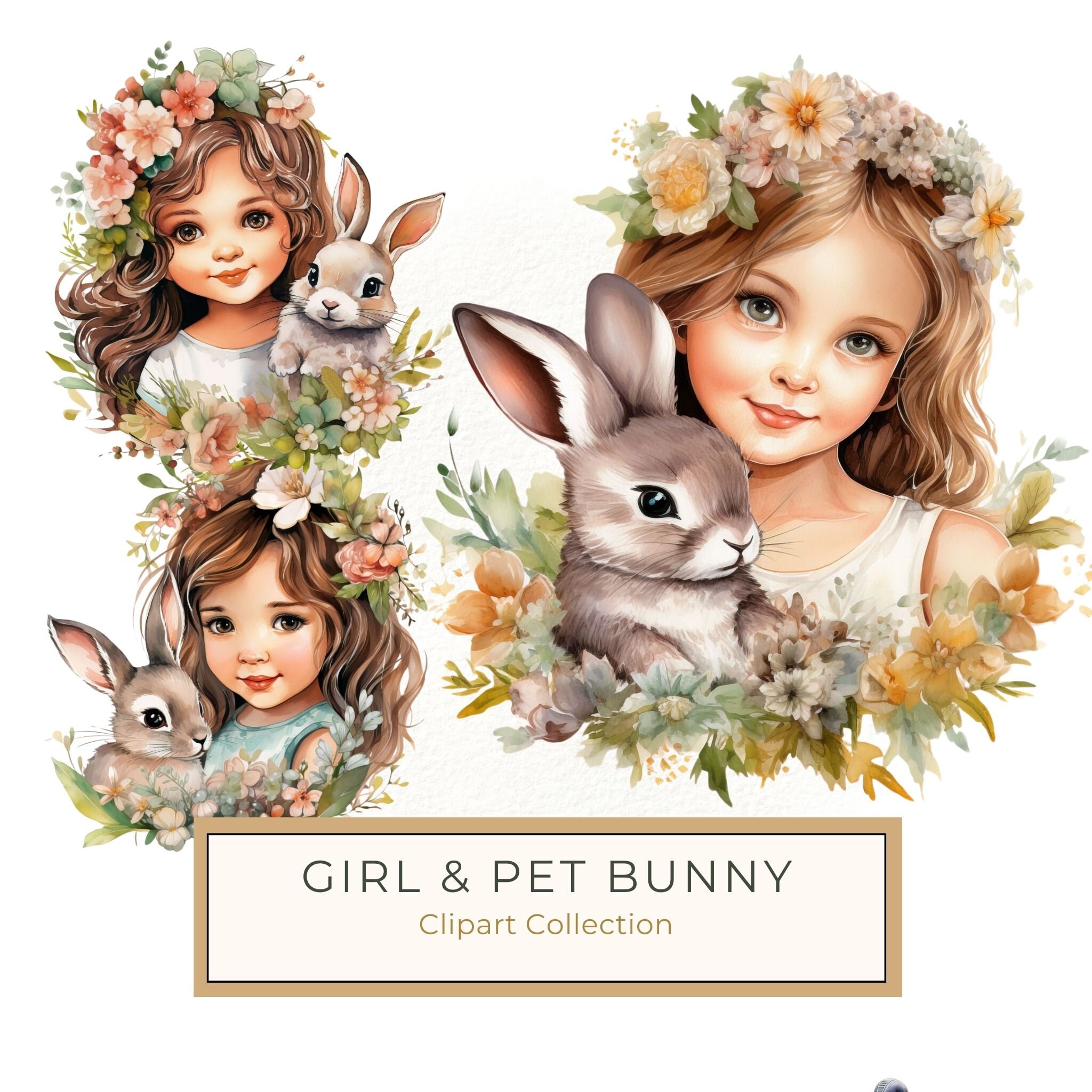 Watercolor Girl and Bunny Clipart, Easter PNG, Commercial Use (Digital Download)