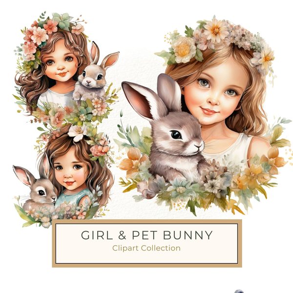 Watercolor Girl and Bunny Clipart, Easter PNG, Commercial Use (Digital Download)