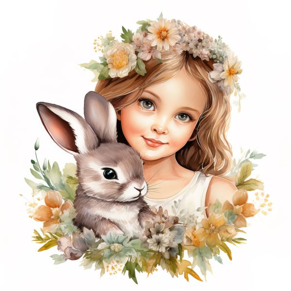 Watercolor Girl and Bunny Clipart, Easter PNG, Commercial Use (Digital Download) — image 1