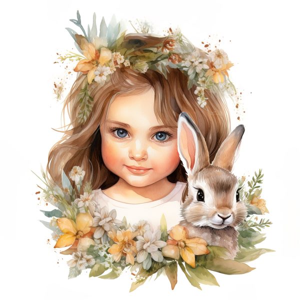 Watercolor Girl and Bunny Clipart, Easter PNG, Commercial Use (Digital Download) — image 2