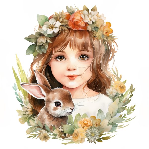 Watercolor Girl and Bunny Clipart, Easter PNG, Commercial Use (Digital Download) — image 3