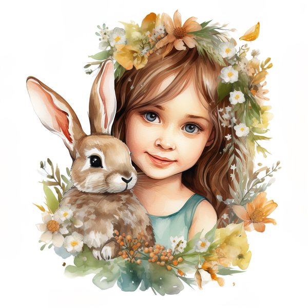 Watercolor Girl and Bunny Clipart, Easter PNG, Commercial Use (Digital Download) — image 4