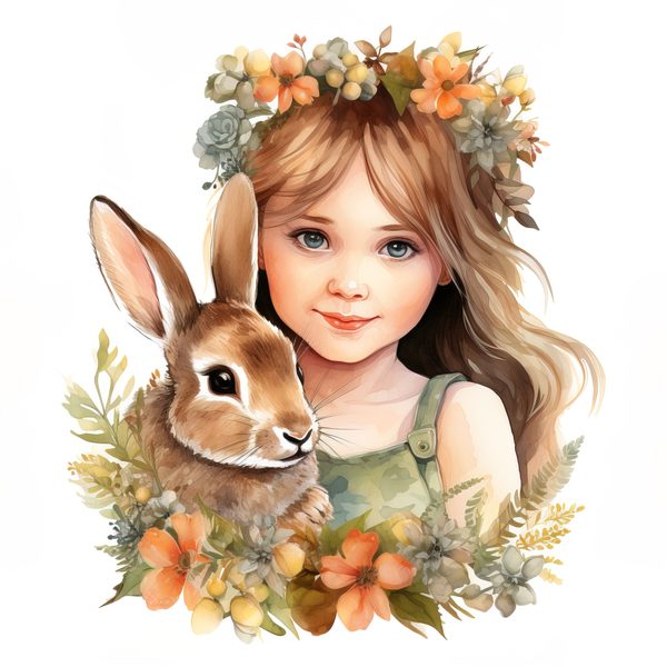 Watercolor Girl and Bunny Clipart, Easter PNG, Commercial Use (Digital Download) — image 5
