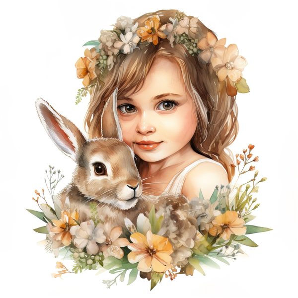 Watercolor Girl and Bunny Clipart, Easter PNG, Commercial Use (Digital Download) — image 6