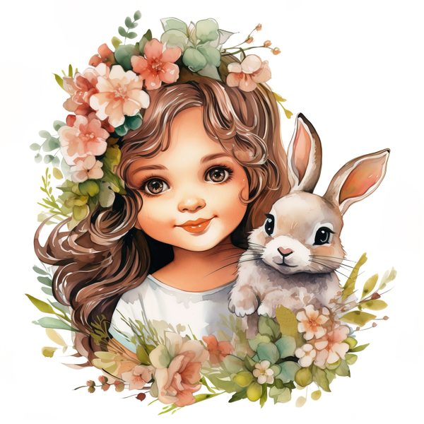 Watercolor Girl and Bunny Clipart, Easter PNG, Commercial Use (Digital Download) — image 7