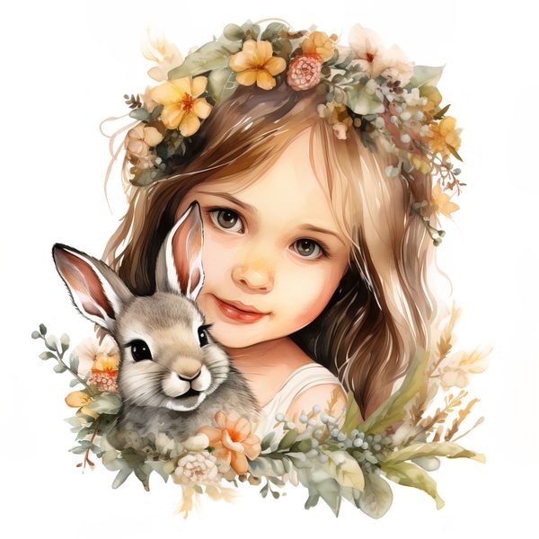 Watercolor Girl and Bunny Clipart, Easter PNG, Commercial Use (Digital Download) — image 8