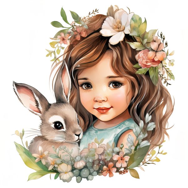 Watercolor Girl and Bunny Clipart, Easter PNG, Commercial Use (Digital Download) — image 9