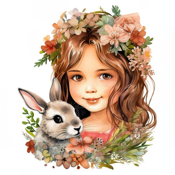 Watercolor Girl and Bunny Clipart, Easter PNG, Commercial Use (Digital Download) — image 10